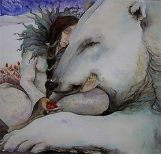 a painting of a woman hugging a polar bear's face with her eyes closed