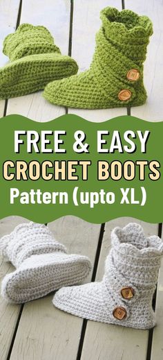 two crochet boots with buttons on them and the text free & easy crochet boots pattern