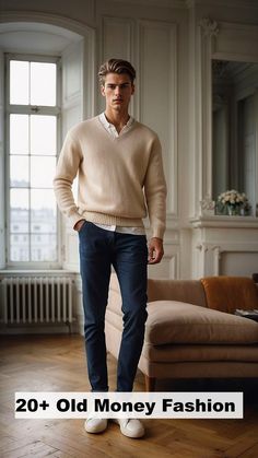 Discover timeless and sophisticated Office Old Money Fashion For Men. Get inspired by 20+ influencer-approved looks to elevate your style in 2024. Beige Sweater Outfit Men, V Neck Sweater Outfit, Beige Sweater Outfit, Cream Sweater Outfit, Office Old Money, Upcycled Cashmere, Sweater Outfits Men, Old Money Fashion, Sophisticated Office