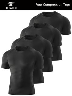 Introducing our Men's 4Pack Solid Stretch Compression Workout Shirts, designed to enhance your performance and comfort during any workout or sports activity. These shirts are made with a high-quality polyester material that provides medium stretch and a skinny fit, perfect for adult athletes all year round. Benefits of our Men's 4Pack Solid Stretch Compression Workout Shirts: Boost your performance with the compression technology that supports your muscles and reduces fatigue Stay comfortable during intense workouts with the breathable and moisture-wicking fabric Look stylish with the solid color design that is perfect for any sports scene Easily care for your shirts with machine wash instructions and enjoy the durability of the knit fabric Experience a flattering fit with the crew neck an Technical Compression T-shirt With Moisture-wicking, Fitted Black Shirt For Gym, Black Compressive Sporty T-shirt, Technical Short Sleeve Activewear For Sports, Snug Fit Short Sleeve Gym T-shirt, Black Moisture-wicking Sports Shirt, Functional Compression T-shirt Sweat Resistant, Fitted Sweat-resistant T-shirt For Training, Black Fitted Dri-fit T-shirt