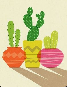 three potted cacti on a table with long shadows