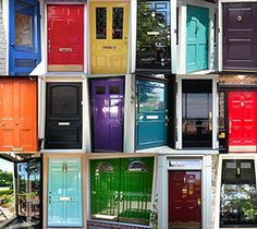 many different colored doors are stacked together