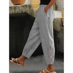 Season:All Seasons; Fabric:Polyester; Gender:Women's; Size Suggestion:standard size, select your usual size; Style:Casual,Trousers; Elasticity:Inelastic; Occasion:Casual,Casual Daily; Fit Type:Regular Fit; Function:Comfortable,Soft; Waistline:Natural; Pattern:Solid Colored; Design:Ripped,Hole; Pants Type:Pants Trousers,Chinos,Linen Pants; Fly Type:Elasticity; Front page:FF; Listing Date:04/08/2024; Production mode:Self-produce; Length:; Waist:; Fit US Size:null; Fit UK Size:null; Fit EU Size:nul Button Trousers, Cotton Pants Women, Summer Pants Women, Button Pants, Linen Casual, Linen Pants Women, Party Dress Short, Type Of Pants, Casual Trousers