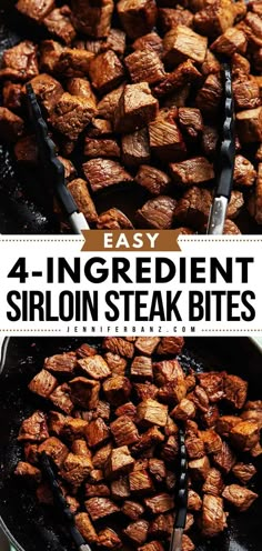 the words easy 4 ingredient stir - in steak bites on top of a frying pan