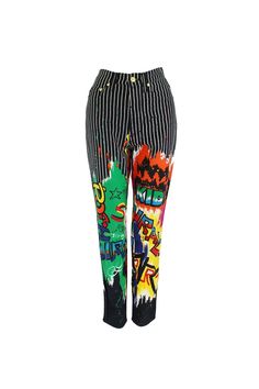 90s Versace Graffiti Graphic Pinstripe Jeans Pants | Tokyo Roses Vintage Striped Straight Leg Bottoms For Streetwear, Striped Straight Leg Pants For Streetwear, Multicolor Straight Leg Pants For Streetwear, Trendy Graffiti Print Straight Leg Bottoms, Trendy Fitted Bottoms With Graffiti Print, Trendy Striped Pants For Streetwear, Funky Spring Streetwear Bottoms, Trendy Multicolor Graffiti Print Bottoms, Striped Pants For Streetwear