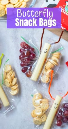 some snacks and crackers are in plastic bags with the words, butterfly snack bags