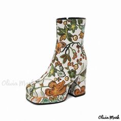 Olivia Mark - Vintage Embroidered Flower Ankle Boots with Chunky Heels and Square Toes - Short Tube Retro Riding Boots Floral Ankle Boots, Light Brown Boots, Embroidered Heels, Rough Heels, Floral Heels, Womens Stilettos, Square Head, Chunky High Heels, Casual Sport Shoes