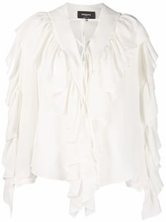 White cotton ruffle-trimmed blouse from ROCHAS featuring ruffled detailing, V-neck, front lace-up fastening, long sleeves and straight hem. | Rochas Ruffle-Trimmed Blouse Blouse Png, White Ruffle Sleeve Top, White Ruffle Blouse, Ruffle Sleeve Top, Floral Outfit, Ruffled Sleeve Top, Floral Print Blouses, Crop Blouse, White Crop Top