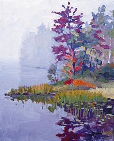 an oil painting of trees and water