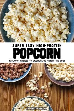 the ingredients for popcorn are shown in three separate bowls and on top of each other