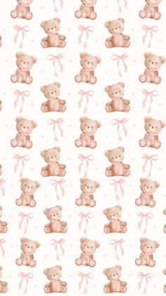 a pattern with teddy bears and pink bows on white background for fabric or wallpaper