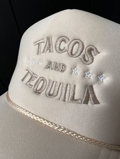 Tacos and Tequila Hat Trucker Hat Bright Green Foam Trucker Foodie Custom Trucker Hats Drinking Vibes Cinco de Mayo original design  5 panel, foam trucker hat, Otto brand   shown in tan with cream thread Handmade in Plano, Texas. Drinking Vibes, Foam Hats, Bridal Shower Champagne, Rhinestone Outfit, Nude Outfits, Tacos And Tequila, Plano Texas, Custom Trucker Hats, Bridal Bachelorette Party