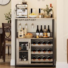 a wine rack with bottles and glasses on it