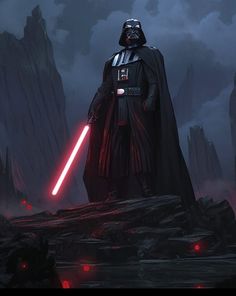 a darth vader standing in the dark with his lights on and holding a light saber