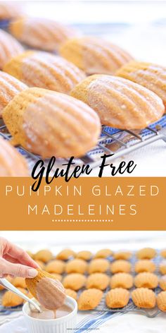 gluten free pumpkin glazed cookies on a cooling rack with a hand dipping them into a small bowl