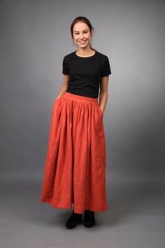 Linen skirt / Long Loose Linen skirt / Linen maxi by LinenCloud Linen Pleated Skirt Bottoms, Casual Linen Full Skirt Bottoms, Linen Skirted Bottoms With Pockets, Skirted Linen Bottoms With Pockets, Linen Full Skirt Bottoms With Pockets, Flowy Linen Pleated Skirt, Linen Flowy Skirt With Lining, Flowy Full Linen Skirt, Linen Long Skirt With Pockets