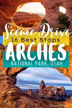 arches in the desert with text that reads scenic drive 16 best stops arches national park, utah