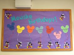 a bulletin board with mickey mouse birthdays on it and balloons attached to the board