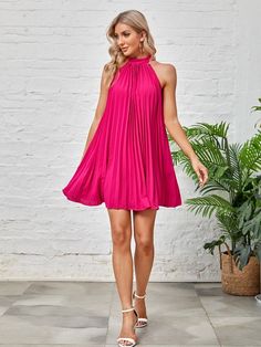 SHEIN BAE Tie Back Pleated Halter Dress | SHEIN USA Best Shein Dresses, Pink A-line Pleated Party Dress, Sleeveless Pink Pleated Summer Dress, Flowy Pleated Mini Dress For Party, Pink Pleated Halter Neck Dress, Pink Flowy Sleeveless Party Dress, Pink A-line Pleated Summer Dress, Pink A-line Pleated Dress For Party, Feminine Sleeveless Pleated Dress For Party