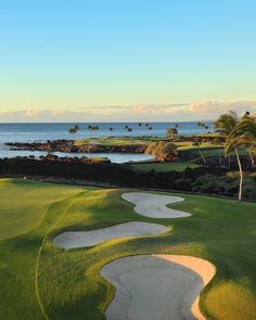 an aerial view of a golf course near the ocean