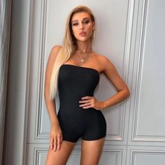 *Brand New* *True To Size* Black Stretch Strapless Jumpsuit, Chic Black Stretch Strapless Jumpsuit, Chic Black Strapless Stretch Jumpsuit, Trendy Black Strapless Jumpsuit For Night Out, Fitted Black Strapless Jumpsuit In Trendy Style, Sleek Black Fitted Strapless Jumpsuit, Shein Pants, Jumpsuits And Romper, Pant Jumpsuit