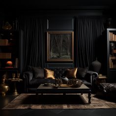 a living room filled with black furniture and lots of bookshelves in the dark