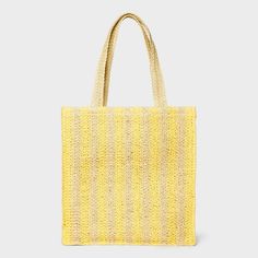 Hold your daily essentials in style with this Stripe Straw Crochet Tote Handbag from A New Day™. This fashionable tote handbag features an unstructured silhouette that's decorated with woven-texture crochet detailing with yellow and light beige stripes. The single main compartment helps keep your cellphone, wallet and more in one spot, while the double handle makes it easy to carry in hand or on your shoulder. Universal Thread™: Found exclusively at Target. Chic Yellow Crochet Bag For Daily Use, Chic Yellow Crochet Bag, Chic Yellow Crochet Tote Bag, Yellow Crochet Bag With Braided Handles For Shopping, Crochet Gift Bag For Daily Use, Daily Use Crochet Gift Bag, Yellow Crochet Tote Bag For Spring, Yellow Woven Shoulder Bag With Double Handle, Large Bags With Braided Handles