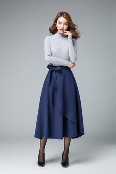 evening skirt, blue skirt, wool skirt, layered skirt, tie belt skirt 1 – XiaoLizi Wool Skirt Outfit, Warm Skirts, Womens Skirt Outfits, Belt Skirt, Skirt Wool, Evening Skirts, Rock Outfit, Winter Skirt, Boho Skirts