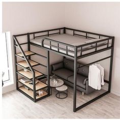 a loft bed with stairs to the top and storage space below it, in a room with white walls