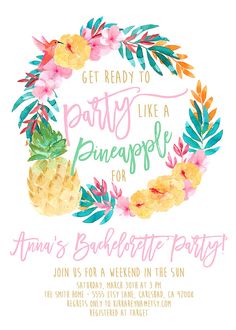 Tropical Bachelorette Party Invitation Party by KirraReynaDesigns Pinapple Party, Tropical Bachelorette Party Invitations, Pineapple Printable, Pineapple Birthday Party, Tropical Bachelorette Party, Tropical Bachelorette, Pineapple Theme, Pineapple Birthday, Pineapple Party