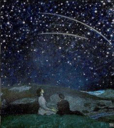 two people sitting in the grass looking at stars