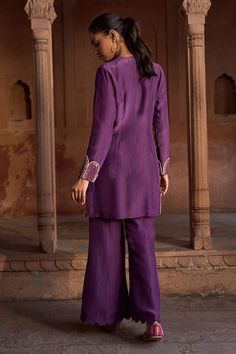 Purple full sleeves short kurta with persian mural embroidery using beads, cut dana, sequins highlights and dori tie-up neckline. Paired with an embellished border flared pant. - Aza Fashions Kurta Patterns, Short Kurta, Pant For Women, Purple Silk, Full Sleeves, Aza Fashion, Flare Pants, Full Sleeve, Persian