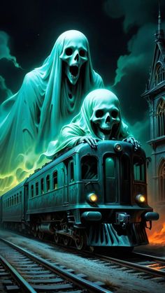 there is a ghost riding on top of a train with a skeleton in the background