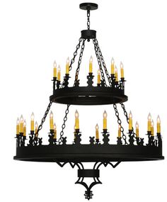 a chandelier with many lit candles hanging from it's center and bottom