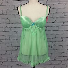 Spree Intimates Women’s Mint Babydoll 2 Pieces Set With Padded Bra, Adjustable Straps And Ruffled Hem. Size L. New With Tag. Sheer Sleeveless Green Sleepwear, Green Sheer Sleeveless Sleepwear, Green Sheer Sleepwear, Green Camisole With Built-in Bra, Green Camisole For Bedtime, Sheer Green Sleepwear For Summer, Green Sheer Summer Sleepwear, Throwing Fits, Cute Lingerie