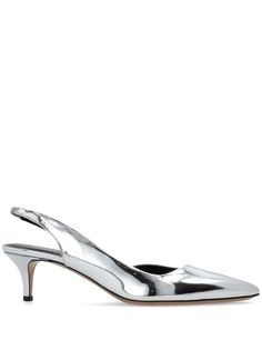 silver-tone leather metallic effect pointed toe branded leather insole kitten heel leather sole elasticated slingback strap slip-on style Silver Pumps, Iconic Bags, Demi Fine Jewelry, Loafer Mules, Fine Watches, Summer Beach Wear, Flat Boots, Ballet Flat Shoes, Pump Sandals