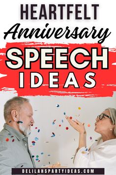 a man and woman standing next to each other with confetti on the wall