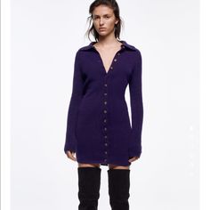 Polyester Zara Knit Mini Dress, Zara Knit Long Sleeve Sweater Dress, Zara Long Sleeve Knit Sweater Dress, Zara Knit Sweater Dress With Long Sleeves, Zara Casual Knit Mini Dress, Chic Purple Winter Midi Dress, Chic Purple Midi Dress For Winter, Zara Knit Long Sleeve Dresses, Zara Fitted Knit Mini Dress