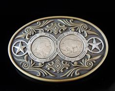 Superb WESTERN Motif Brass Belt BUCKLE w 1906 BUFFALO Head Nickels Cowboy Clothing, Cowboy Buckle, Buffalo Head, Native American Jewelry Navajo, Brass Belt, Bolo Ties