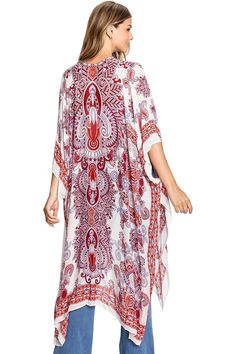 Boho kimono with geometric mandala inspired prints an ultra light scarf feel and a draping open-front. Light and billowy silhouette, perfect for effortless layering. CARE | Hand Wash Cold CONTENTS | 100% Viscose MEASUREMENTS | 38"/97 cm Top to Bottom (Size O/S) MODEL | 5'8 - wearing O/S IMPORTED Flowy Open Front Printed Cover-up, Bohemian Kimono With Abstract Print For Vacation, Red Bohemian Flowy Kimono, Red Bohemian One-size Kimono, Bohemian Wrap Kimono In Rayon, Bohemian Rayon Wrap Kimono, Red Bohemian Kimono For Beach, Red Bohemian Kimono For Beach Cover-up, Bohemian Ikat Print Kimono For Summer