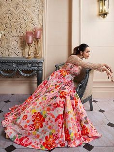 Pretty pink ethnic Dress featuring Floral Prints and a flattering Fit & Flare silhouette. Round Neck, with Long Sleeves and detailed Embroidery. Flared hem and a Hook and Eye closure. Malaika Arora, Ethnic Dress, Anarkali Suits, Thread Work, Pretty Pink, Fit & Flare, Diwali, Pretty In Pink, Round Neck