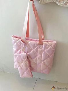 BirdinBag - Holographic Quilted Tote Bag Set with Shoulder Strap Pink Quilted Bag For Shopping, Pink Quilted Pouch Bag, Pink Quilted Shoulder Bag For Daily Use, Trendy Pink Quilted Bag, Pink Quilted Rectangular Shoulder Bag, Pink Quilted Tote Bag, Quilted Bag, Shoulder Tote Bag, Bag Set