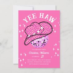 a pink birthday party card with a hat on the front and stars in the background