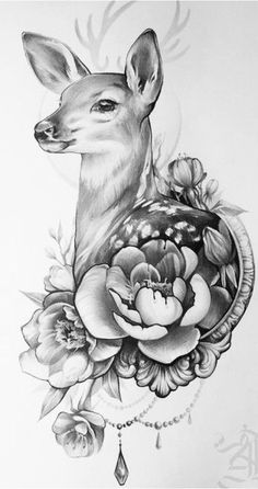 a drawing of a deer with flowers on it