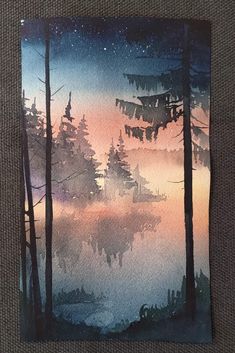 a watercolor painting of trees and the sky at night with stars in the sky