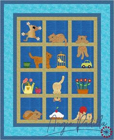 a quilted wall hanging with pictures of dogs and cats on it's windowsill