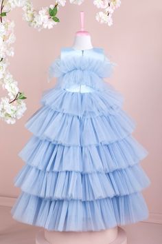 Sleeveless Blue Tutu Dress For Dress-up, Blue Tulle Dress For Party, Tulle Dress With Ruffles For Dress-up, Blue Sleeveless Dress For Party, Spring Princess Style Blue Ball Gown, Blue Tulle Party Dress, Elegant Sleeveless Tulle Dress For Dress-up, Princess Style Summer Gown With Ruffles, Light Blue Ball Gown Princess Dress For Parties