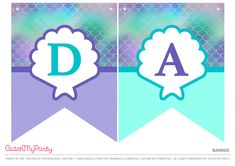 two banners with the letter p in purple, blue and green mermaid scales on them