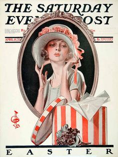 an advertisement for the saturday evening post featuring a woman in a hat holding a gift