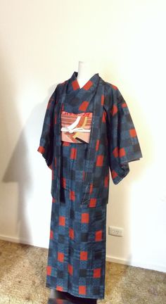 "Gorgeous OSHIMA TSUMUGI two piece set, proud of top quality casual KIMONO ensemble. Suitable for a casual party, town, robe or any relaxing Never worn and all basting thread still on it. Age-1980~ Conditions- Excellent, it's like a new! unused, Just a little marking stain on the lining of KIMONO. Material-silk OSHIMA TSUMUGI, lining-KIMONO-white silk HABUTAE, lining-HAORI-pink Chrysanthemum on white figured silk Size- Medium *Please refer to finished measurements below KIMONO--- A. MITAKE-Lengt Ancient Japanese Clothing, Japanese Kimono Fashion, Pretty Kimonos, Cute Kimonos, Japan Kimono, White Figures, Yukata Kimono, Blue Kimono, Casual Kimono